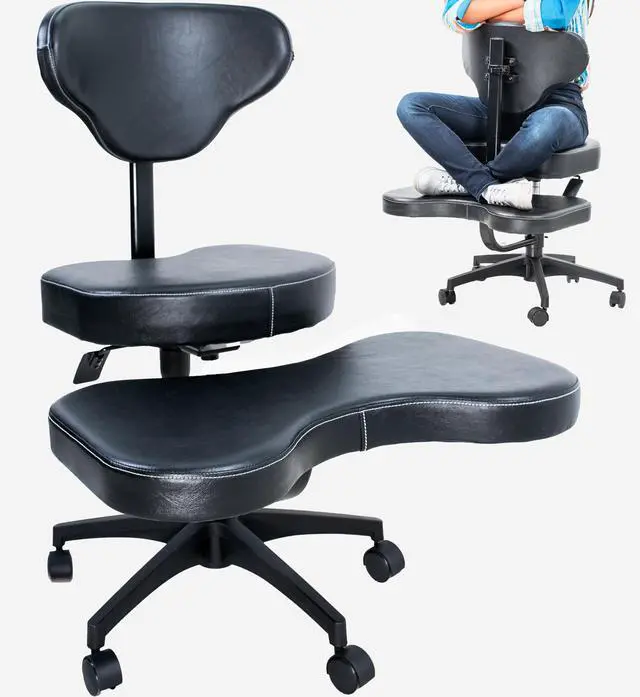 Main image of Black Mobile Cross Legged Office Chair with Back Support, CHAIR-CL03B | For Yoga Meditation, ADHD, Height Adjustable, Full Swivel Seat, Holds 242 lbs