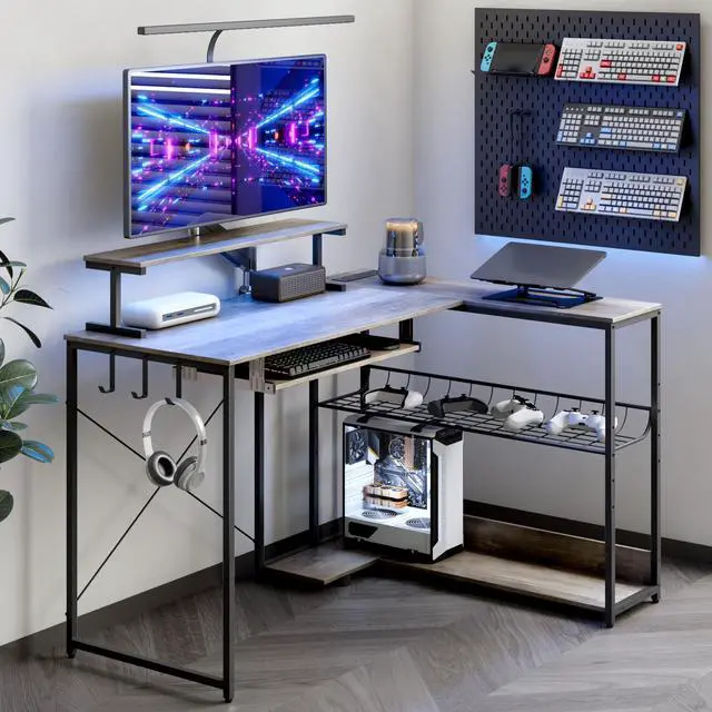 Main image of Computer Desk, L Shaped Gaming Desk with Monitor Stand & Storage Shelf & LED Light & USB Power Outlet, Reversible Shelves Corner Table with Keyboard Tray for Gaming, Home Office, Study