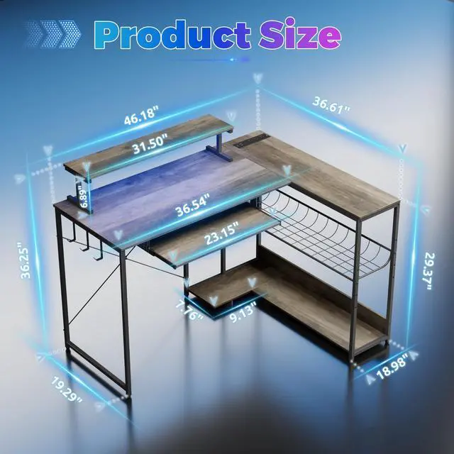 Alt view image 2 of 6 - Computer Desk, L Shaped Gaming Desk with Monitor Stand & Storage Shelf & LED Light & USB Power Outlet, Reversible Shelves Corner Table with Keyboard Tray for Gaming, Home Office, Study