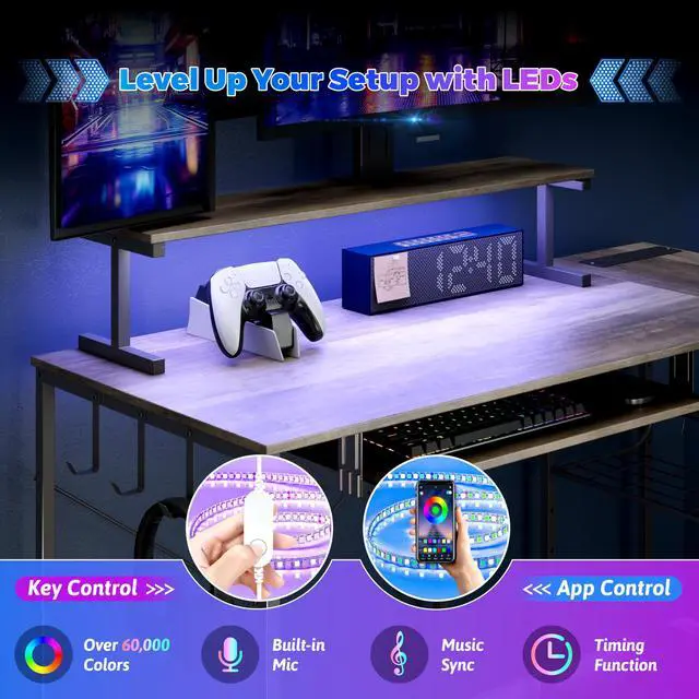Alt view image 3 of 6 - Computer Desk, L Shaped Gaming Desk with Monitor Stand & Storage Shelf & LED Light & USB Power Outlet, Reversible Shelves Corner Table with Keyboard Tray for Gaming, Home Office, Study