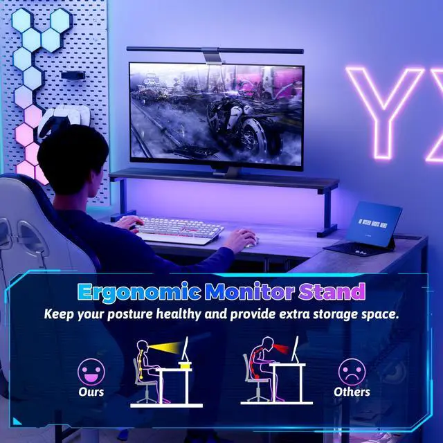 Alt view image 6 of 6 - Computer Desk, L Shaped Gaming Desk with Monitor Stand & Storage Shelf & LED Light & USB Power Outlet, Reversible Shelves Corner Table with Keyboard Tray for Gaming, Home Office, Study