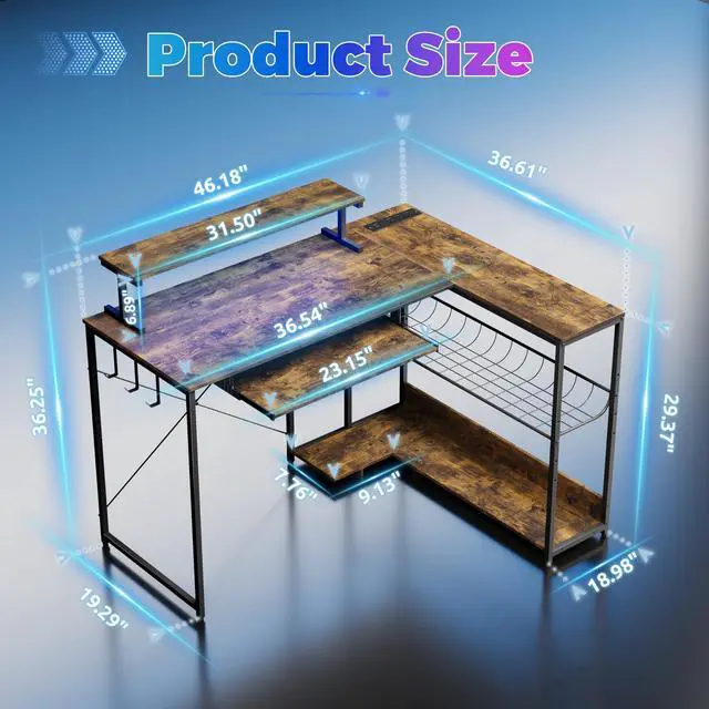 Alt view image 2 of 6 - Computer Desk, L Shaped Gaming Desk with Monitor Stand & Storage Shelf & LED Light & USB Power Outlet, Reversible Shelves Corner Table with Keyboard Tray for Gaming, Home Office, Study
