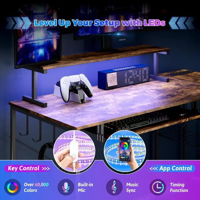 Alt view image 3 of 6 - Computer Desk, L Shaped Gaming Desk with Monitor Stand & Storage Shelf & LED Light & USB Power Outlet, Reversible Shelves Corner Table with Keyboard Tray for Gaming, Home Office, Study