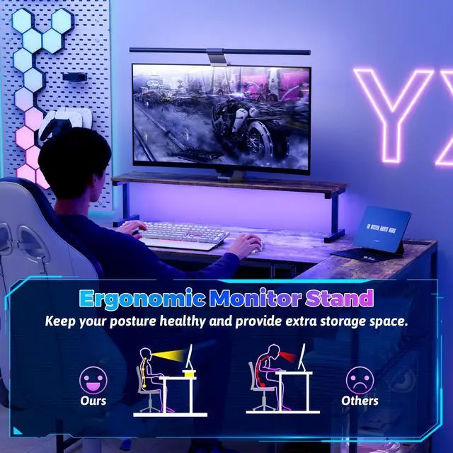Alt view image 6 of 6 - Computer Desk, L Shaped Gaming Desk with Monitor Stand & Storage Shelf & LED Light & USB Power Outlet, Reversible Shelves Corner Table with Keyboard Tray for Gaming, Home Office, Study