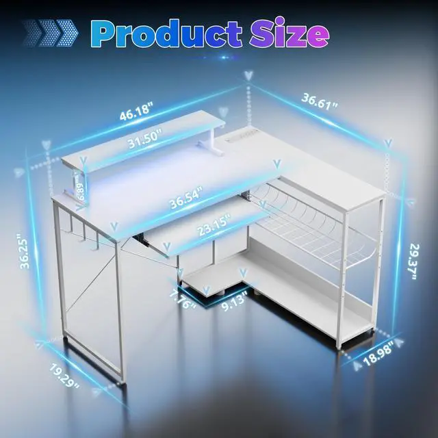 Alt view image 2 of 6 - Computer Desk, L Shaped Gaming Desk with Monitor Stand & Storage Shelf & LED Light & USB Power Outlet, Reversible Shelves Corner Table with Keyboard Tray for Gaming, Home Office, Study