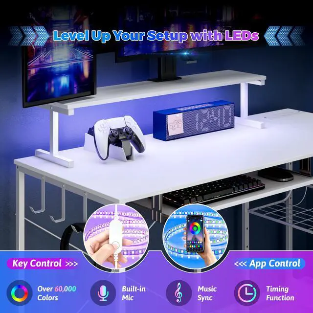 Alt view image 3 of 6 - Computer Desk, L Shaped Gaming Desk with Monitor Stand & Storage Shelf & LED Light & USB Power Outlet, Reversible Shelves Corner Table with Keyboard Tray for Gaming, Home Office, Study