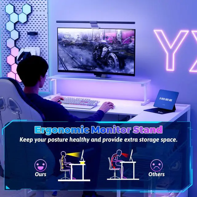 Alt view image 6 of 6 - Computer Desk, L Shaped Gaming Desk with Monitor Stand & Storage Shelf & LED Light & USB Power Outlet, Reversible Shelves Corner Table with Keyboard Tray for Gaming, Home Office, Study
