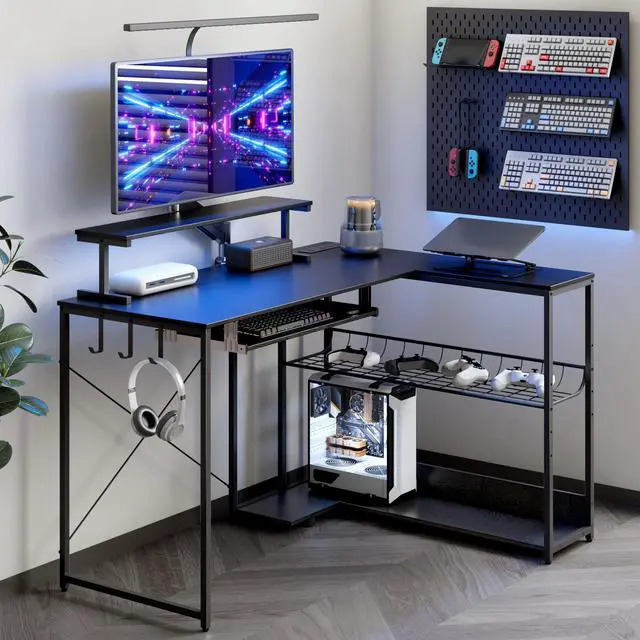 Main image of Computer Desk, L Shaped Gaming Desk with Monitor Stand & Storage Shelf & LED Light & USB Power Outlet, Reversible Shelves Corner Table with Keyboard Tray for Gaming, Home Office, Study