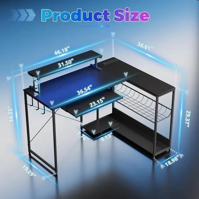 Alt view image 2 of 6 - Computer Desk, L Shaped Gaming Desk with Monitor Stand & Storage Shelf & LED Light & USB Power Outlet, Reversible Shelves Corner Table with Keyboard Tray for Gaming, Home Office, Study