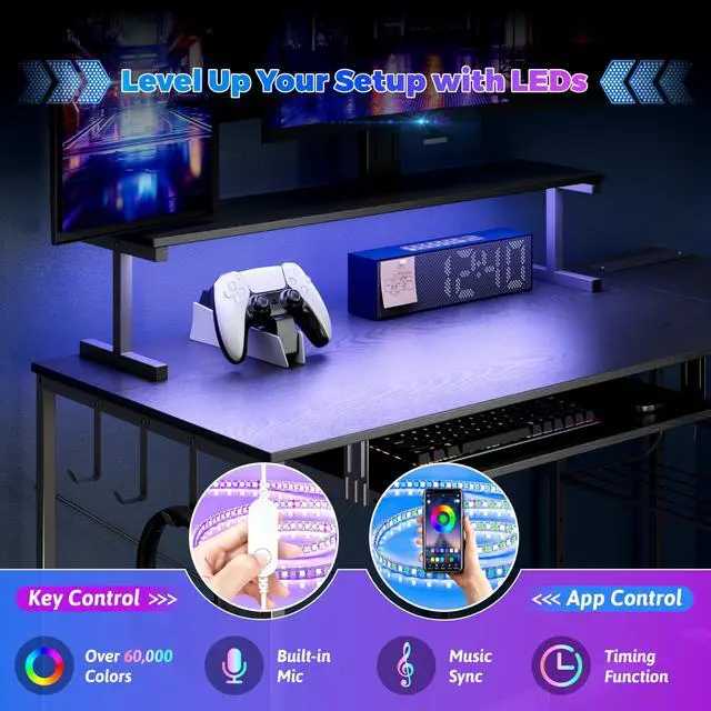 Alt view image 3 of 6 - Computer Desk, L Shaped Gaming Desk with Monitor Stand & Storage Shelf & LED Light & USB Power Outlet, Reversible Shelves Corner Table with Keyboard Tray for Gaming, Home Office, Study