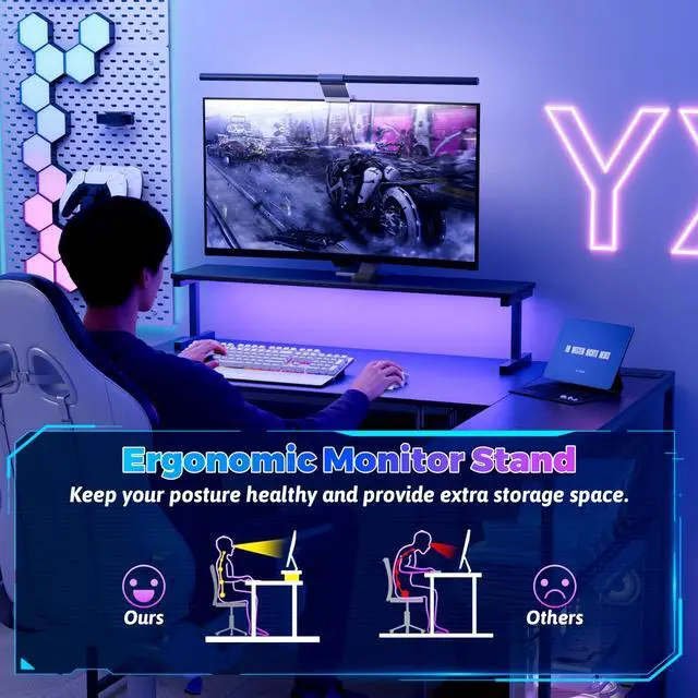 Alt view image 6 of 6 - Computer Desk, L Shaped Gaming Desk with Monitor Stand & Storage Shelf & LED Light & USB Power Outlet, Reversible Shelves Corner Table with Keyboard Tray for Gaming, Home Office, Study