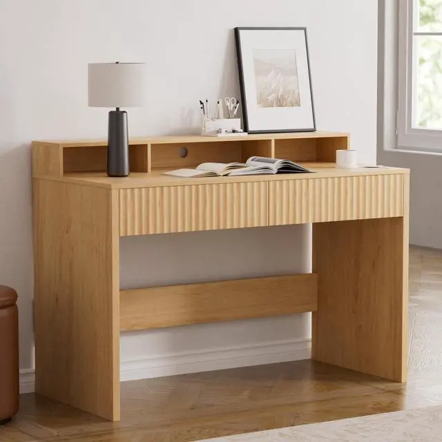 Main image of 47" Fluted Office Desk with Storage Shelf, Modern Wood Executive Desk with Long Monitor Stand & 2 Drawers, Home Writing Study Computer Table Vanity Desk, Natural Oak