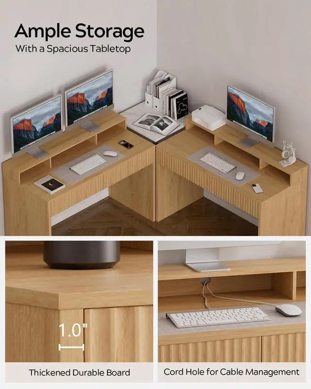Alt view image 4 of 6 - 47" Fluted Office Desk with Storage Shelf, Modern Wood Executive Desk with Long Monitor Stand & 2 Drawers, Home Writing Study Computer Table Vanity Desk, Natural Oak