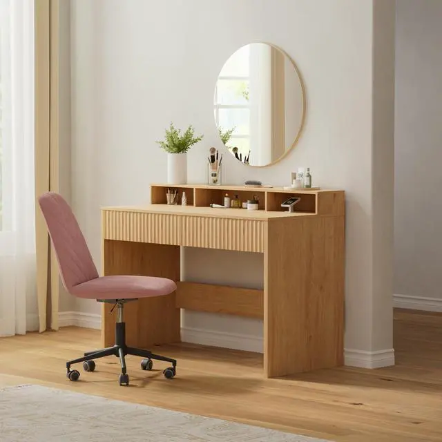 Alt view image 5 of 6 - 47" Fluted Office Desk with Storage Shelf, Modern Wood Executive Desk with Long Monitor Stand & 2 Drawers, Home Writing Study Computer Table Vanity Desk, Natural Oak