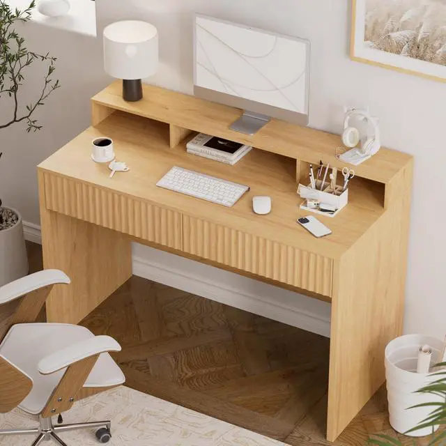 Alt view image 6 of 6 - 47" Fluted Office Desk with Storage Shelf, Modern Wood Executive Desk with Long Monitor Stand & 2 Drawers, Home Writing Study Computer Table Vanity Desk, Natural Oak