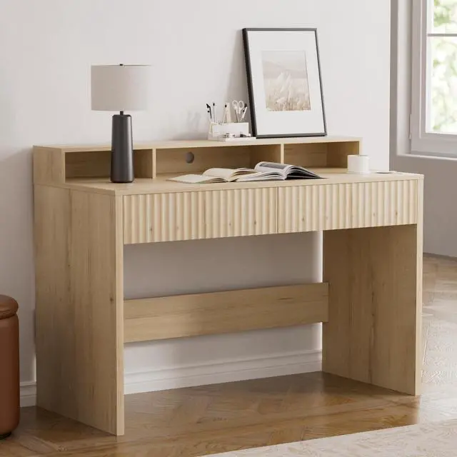 Main image of Fluted Executive Desk with Storage Shelf, 47" Modern Wood Home Office Desk with Long Monitor Stand & 2 Drawers, Writing Study Computer Table Vanity Desks, Light Oak