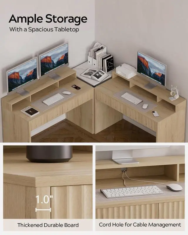 Alt view image 4 of 6 - Fluted Executive Desk with Storage Shelf, 47" Modern Wood Home Office Desk with Long Monitor Stand & 2 Drawers, Writing Study Computer Table Vanity Desks, Light Oak