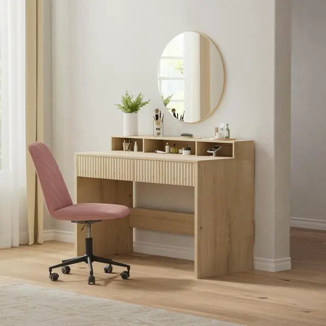 Alt view image 5 of 6 - Fluted Executive Desk with Storage Shelf, 47" Modern Wood Home Office Desk with Long Monitor Stand & 2 Drawers, Writing Study Computer Table Vanity Desks, Light Oak
