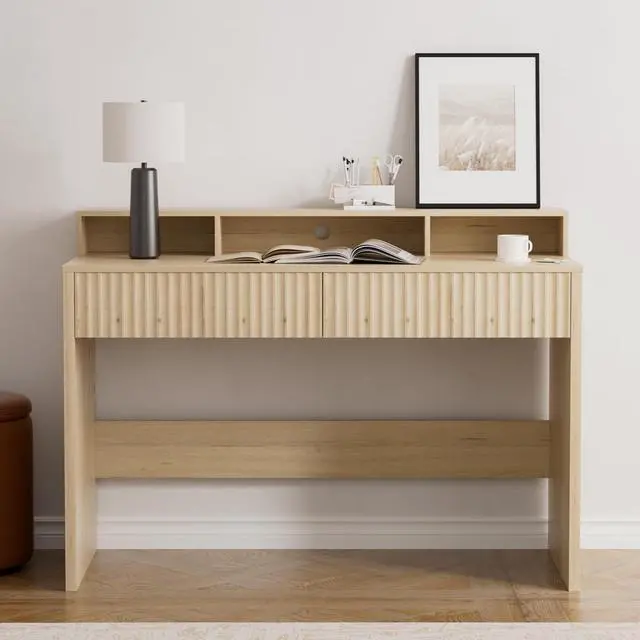 Alt view image 6 of 6 - Fluted Executive Desk with Storage Shelf, 47" Modern Wood Home Office Desk with Long Monitor Stand & 2 Drawers, Writing Study Computer Table Vanity Desks, Light Oak