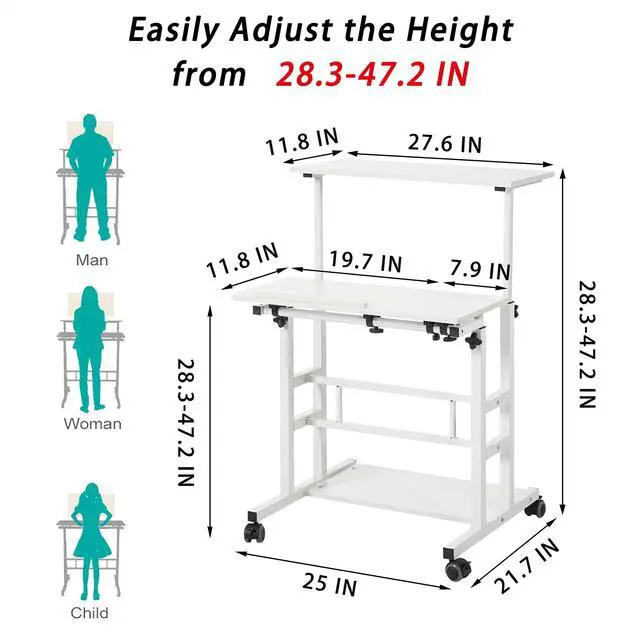 Alt view image 2 of 6 - Portable Standing Desk on Wheels, Height Adjustable Mobile Workstation with Keyboard Tray and Storage Shelf, Rolling Laptop Desk for Home Office, Small Spaces, Study, Bedside Use