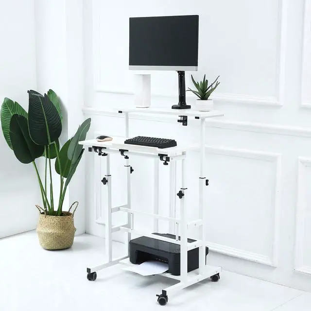 Alt view image 3 of 6 - Portable Standing Desk on Wheels, Height Adjustable Mobile Workstation with Keyboard Tray and Storage Shelf, Rolling Laptop Desk for Home Office, Small Spaces, Study, Bedside Use
