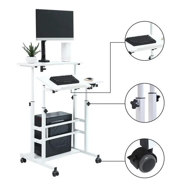 Alt view image 4 of 6 - Portable Standing Desk on Wheels, Height Adjustable Mobile Workstation with Keyboard Tray and Storage Shelf, Rolling Laptop Desk for Home Office, Small Spaces, Study, Bedside Use
