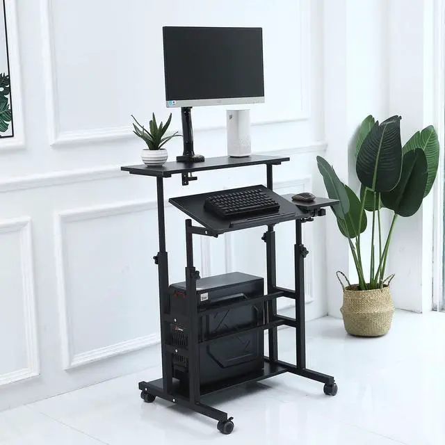 Alt view image 2 of 6 - Portable Standing Desk on Wheels, Height Adjustable Mobile Workstation with Keyboard Tray and Storage Shelf, Rolling Laptop Desk for Home Office, Small Spaces, Study, Bedside Use