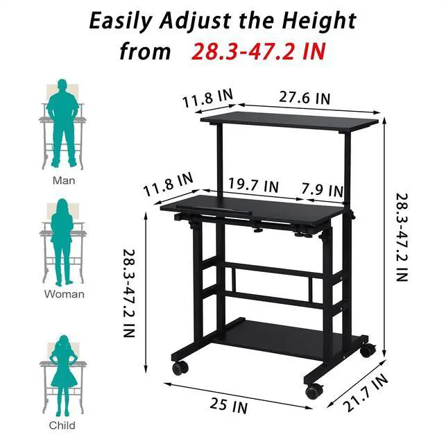 Alt view image 3 of 6 - Portable Standing Desk on Wheels, Height Adjustable Mobile Workstation with Keyboard Tray and Storage Shelf, Rolling Laptop Desk for Home Office, Small Spaces, Study, Bedside Use