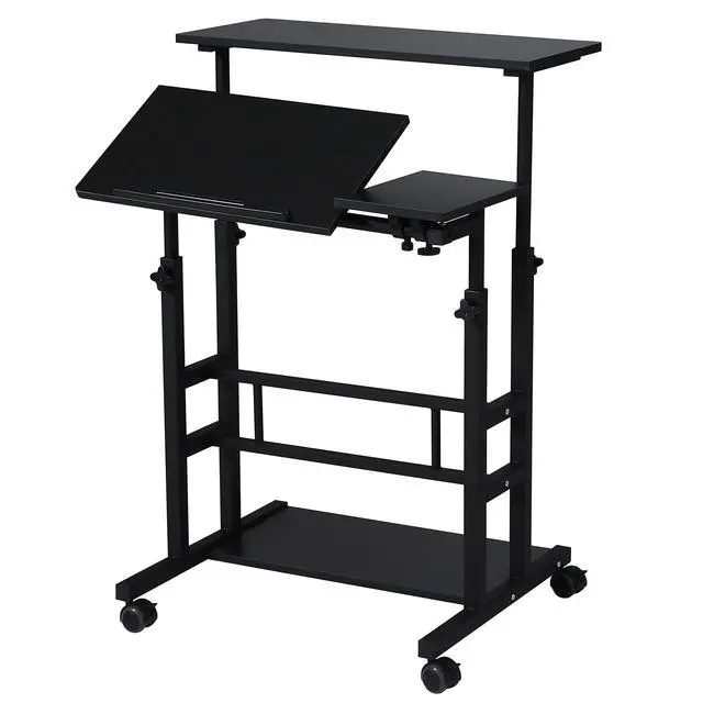 Alt view image 5 of 6 - Portable Standing Desk on Wheels, Height Adjustable Mobile Workstation with Keyboard Tray and Storage Shelf, Rolling Laptop Desk for Home Office, Small Spaces, Study, Bedside Use