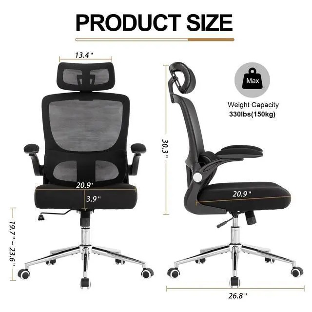 Alt view image 2 of 6 - Ergonomic Office Chair,Home Mesh Office Desk Chairs,High Back Chair 330 LBS,Swivel Computer Task Chair with Adjustable Lumbar Support,Up&Down Flip-Up Arms,Rocking Function (Black)