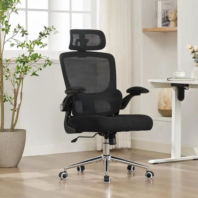 Alt view image 3 of 6 - Ergonomic Office Chair,Home Mesh Office Desk Chairs,High Back Chair 330 LBS,Swivel Computer Task Chair with Adjustable Lumbar Support,Up&Down Flip-Up Arms,Rocking Function (Black)