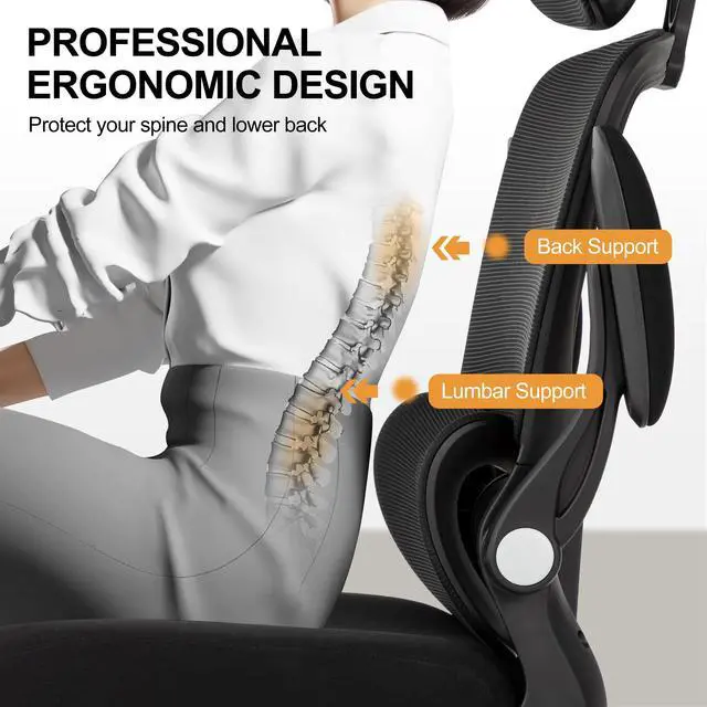 Alt view image 4 of 6 - Ergonomic Office Chair,Home Mesh Office Desk Chairs,High Back Chair 330 LBS,Swivel Computer Task Chair with Adjustable Lumbar Support,Up&Down Flip-Up Arms,Rocking Function (Black)