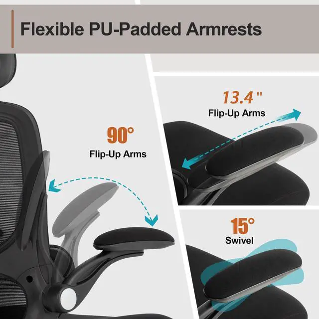 Alt view image 5 of 6 - Ergonomic Office Chair,Home Mesh Office Desk Chairs,High Back Chair 330 LBS,Swivel Computer Task Chair with Adjustable Lumbar Support,Up&Down Flip-Up Arms,Rocking Function (Black)