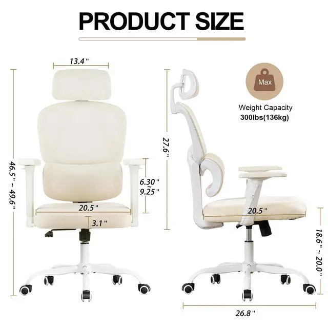 Alt view image 2 of 6 - Ergonomic Office Chair,Home Mesh Office Desk Chairs,High Back Office Chair 330 LBS,Swivel Computer Chair with 2D Armrest,Adjustable Headrest,Lumbar Support,Rocking Function (Beige)