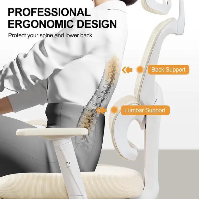 Alt view image 3 of 6 - Ergonomic Office Chair,Home Mesh Office Desk Chairs,High Back Office Chair 330 LBS,Swivel Computer Chair with 2D Armrest,Adjustable Headrest,Lumbar Support,Rocking Function (Beige)