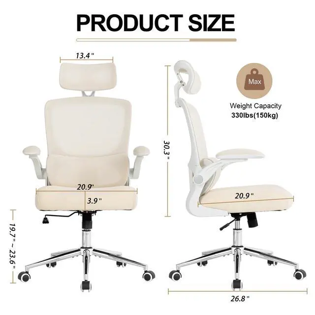 Alt view image 2 of 6 - Ergonomic Office Chair,Home Mesh Office Desk Chairs,High Back Chair 330 LBS,Swivel Computer Task Chair with Adjustable Lumbar Support,Up&Down Flip-Up Arms,Rocking Function (Beige)