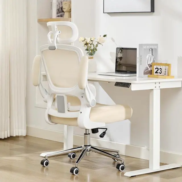 Alt view image 3 of 6 - Ergonomic Office Chair,Home Mesh Office Desk Chairs,High Back Chair 330 LBS,Swivel Computer Task Chair with Adjustable Lumbar Support,Up&Down Flip-Up Arms,Rocking Function (Beige)