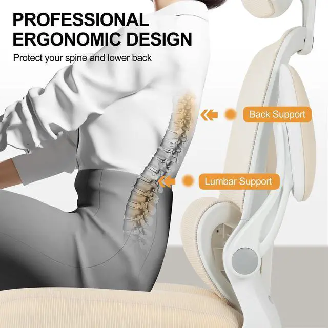 Alt view image 4 of 6 - Ergonomic Office Chair,Home Mesh Office Desk Chairs,High Back Chair 330 LBS,Swivel Computer Task Chair with Adjustable Lumbar Support,Up&Down Flip-Up Arms,Rocking Function (Beige)