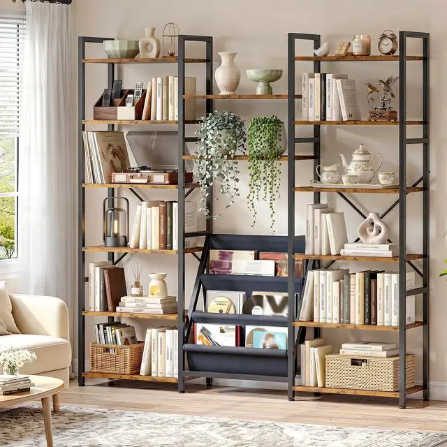 Main image of Triple Column 6 Tier Book Shelf with 14 Open Display Shelves and 3 Fabric Bags, Tall Bookcase for Home Office, Bedroom, Rustic Brown