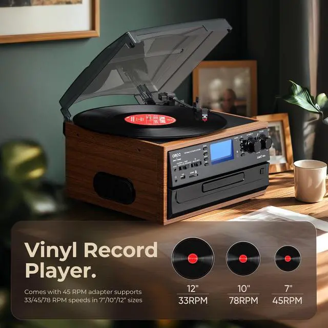 Alt view image 4 of 4 - 10-in-1 Vinyl Turntable Record Player with Bluetooth, Turntable with Built-in Speaker CD Cassette and FM/AM Radio Combo, AUX in RCA Out USB MP3 Recording Headphone Jack, Copmact & Portable