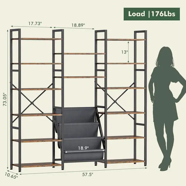 Alt view image 2 of 6 - Triple Column 6 Tier Book Shelf with 14 Open Display Shelves and 3 Fabric Bags, Tall Bookcase for Home Office, Bedroom, Rustic Brown