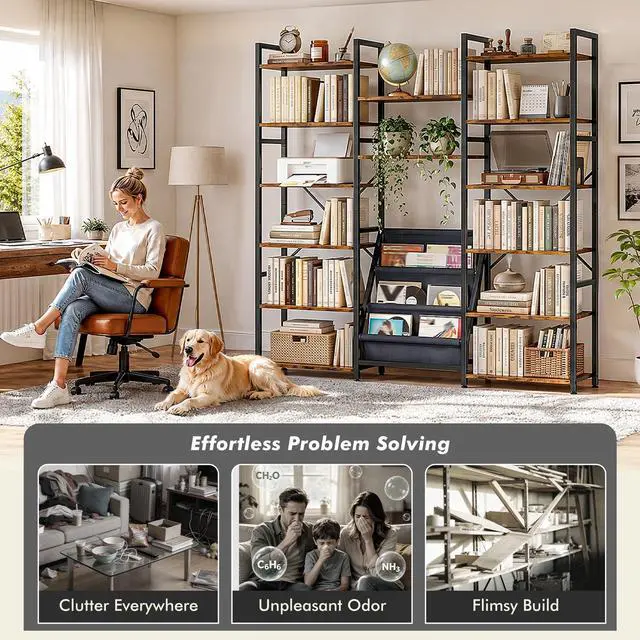 Alt view image 5 of 6 - Triple Column 6 Tier Book Shelf with 14 Open Display Shelves and 3 Fabric Bags, Tall Bookcase for Home Office, Bedroom, Rustic Brown