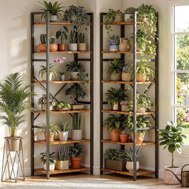 Alt view image 6 of 6 - Triple Column 6 Tier Book Shelf with 14 Open Display Shelves and 3 Fabric Bags, Tall Bookcase for Home Office, Bedroom, Rustic Brown