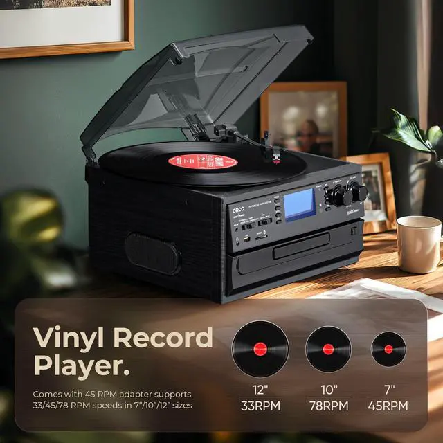 Alt view image 4 of 4 - 10-in-1 Bluetooth Turntable Record Player with Built-in Speaker, Vinyl Turntable CD Cassette and FM/AM Radio Combo, AUX in RCA Out USB MP3 Recording Headphone Jack Compact