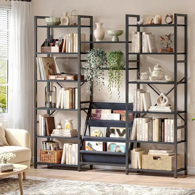 Main image of Triple Column 6 Tier Bookshelf with 14 Wooden Display Shelves and 3 Fabric Bags, Tall Bookcase with Metal Frame for Home Office, Bedroom, Black