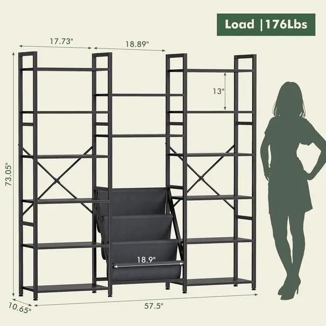 Alt view image 2 of 6 - Triple Column 6 Tier Bookshelf with 14 Wooden Display Shelves and 3 Fabric Bags, Tall Bookcase with Metal Frame for Home Office, Bedroom, Black