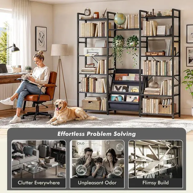 Alt view image 5 of 6 - Triple Column 6 Tier Bookshelf with 14 Wooden Display Shelves and 3 Fabric Bags, Tall Bookcase with Metal Frame for Home Office, Bedroom, Black
