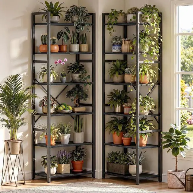 Alt view image 6 of 6 - Triple Column 6 Tier Bookshelf with 14 Wooden Display Shelves and 3 Fabric Bags, Tall Bookcase with Metal Frame for Home Office, Bedroom, Black