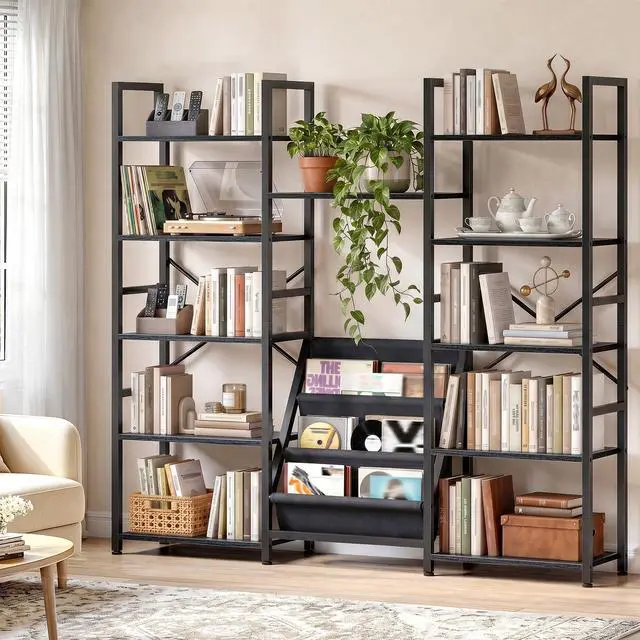 Main image of Triple Column 5 Tier Bookshelf with 11 Wooden Display Shelves and 3 Fabric Bags, Large Bookcase with Metal Frame for Home Office, Bedroom, Black