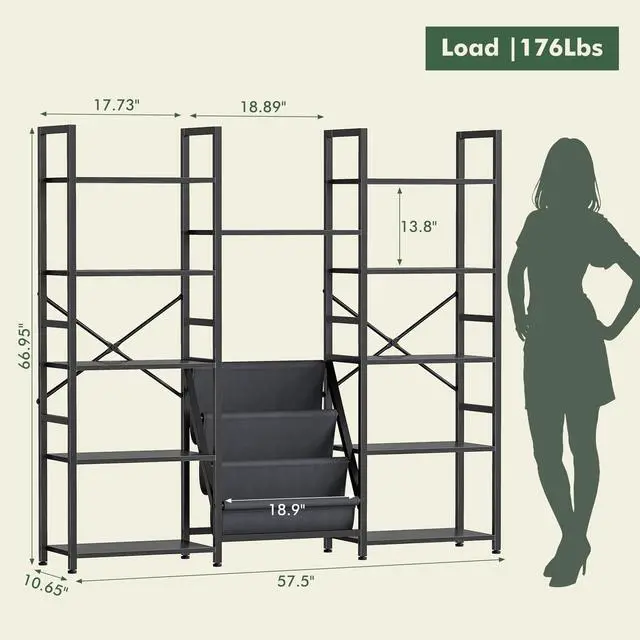 Alt view image 2 of 6 - Triple Column 5 Tier Bookshelf with 11 Wooden Display Shelves and 3 Fabric Bags, Large Bookcase with Metal Frame for Home Office, Bedroom, Black
